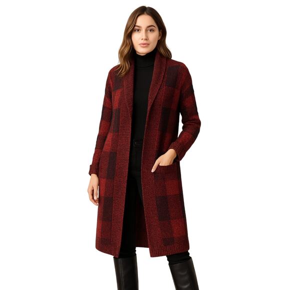 Lucky Brand Open Wear Red Black Checkered Boucle Cardigan Sweater Size M - Picture 1 of 16